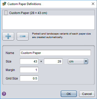 the custom paper size dialog