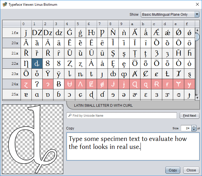 The typeface viewer dialog
