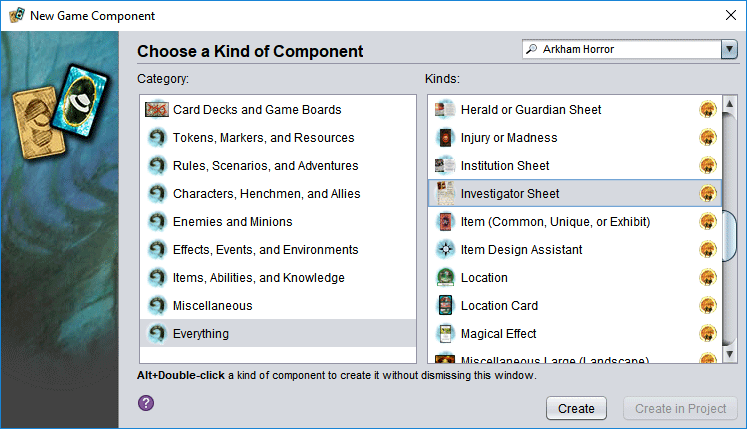 the new game component dialog