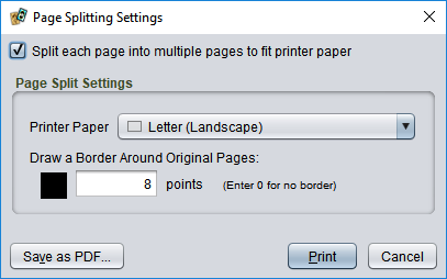 the print dialog, showing page splitting options