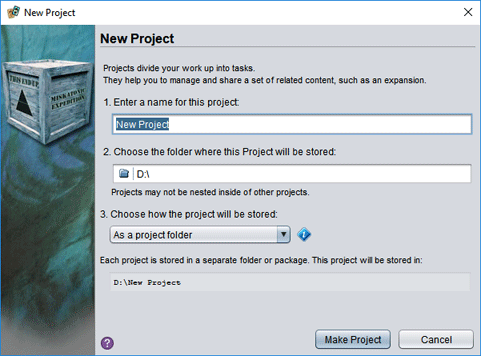 the new project dialog